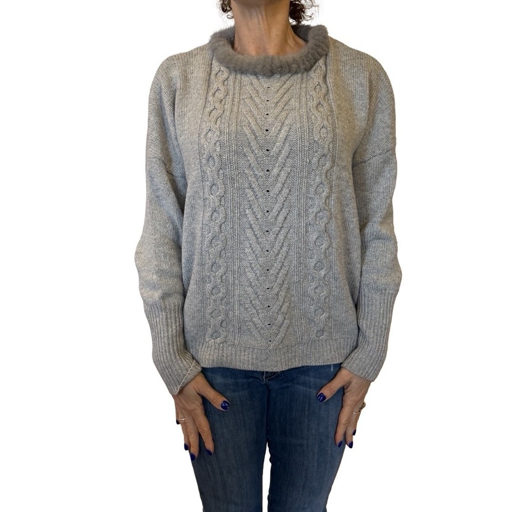 Max & Moi Paris Cashmere & Wool Mink Trim Collar Gray Cable Knit Sweater 40 L